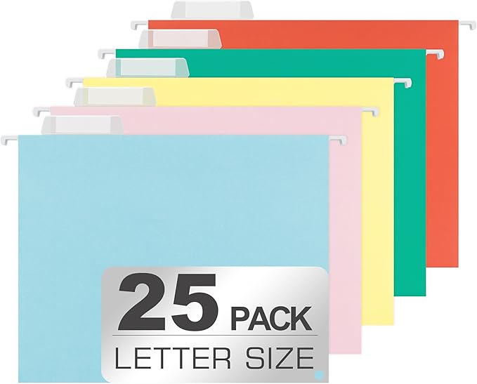 25 Packs Hanging File Folders,5 Assorted Colors Hanging File Folders Letter Size,Hanging Folders with 1/5-cut Tabs,Hanging Folders for Filing Cabinets, File Organizer Folder for Office,School,Home