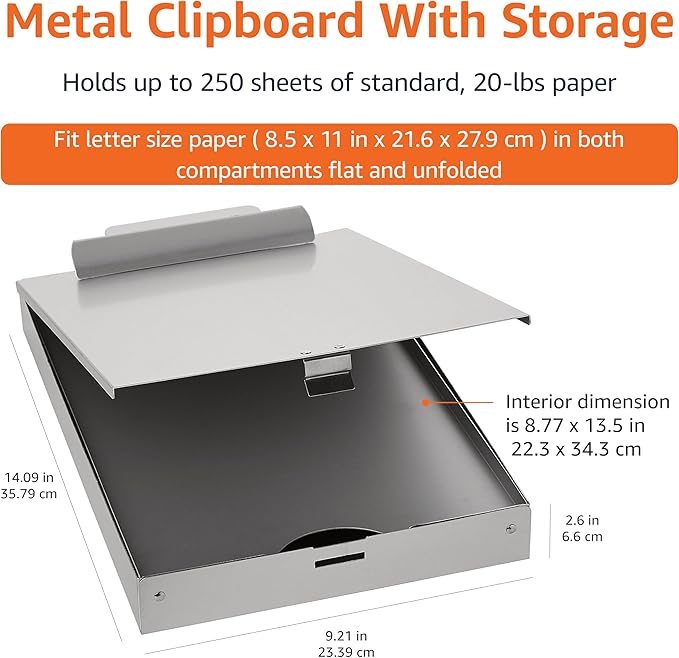 Amazon Basics Metal Clipboard with 2 Compartments, Letter Size, 250 Sheet Storage Capacity, Office Supplies, Silver, 14.09 x 9.21 x 2.6 inches