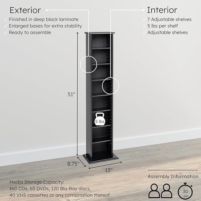 Prepac Narrow Cabinet Media, Slim Multimedia Storage Tower, Black