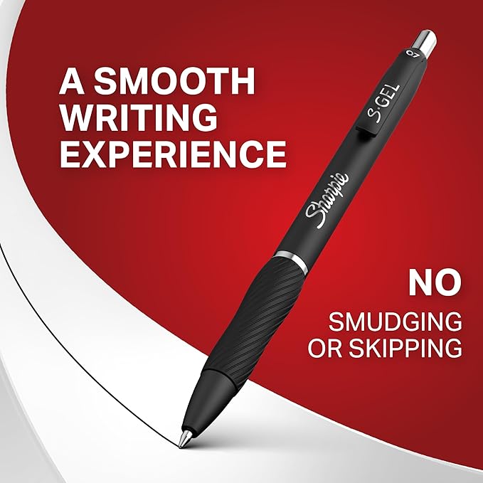 SHARPIE S-Gel Pens Black Medium Point 0.7mm | No Smear No Bleed | Contoured Rubber Grip | For Office | 36 Count, Pack of 6