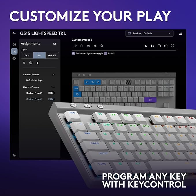 Logitech G515 Lightspeed TKL Low Profile Wireless Gaming Keyboard, LIGHTSYNC RGB, Thin Tenkeyless Design, PBT Keycaps, Tactile (Brown) Mechanical Switches - White (Renewed)