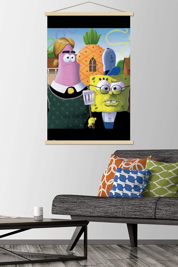 Trends International Nickelodeon Spongebob - American Gothic Wall Poster, 22.375" x 34", Premium Print and Beechwood Hanger Bundle