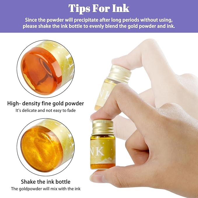 Glass Dip Pen Ink Set, 16pcs Calligraphy Fountain Pens Set, 2 Crystal Glass Pen, 12 Gold Powder Drawing Ink Drip Tool for Writing Signatures Art Christmas Gift, Calligraphy Kit for Beginners