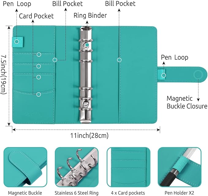 SKYDUE Budget Binder, Money Saving Binder with Zipper Envelopes, Cash Envelopes and Expense Budget Sheets for Budgeting (Turquoise)