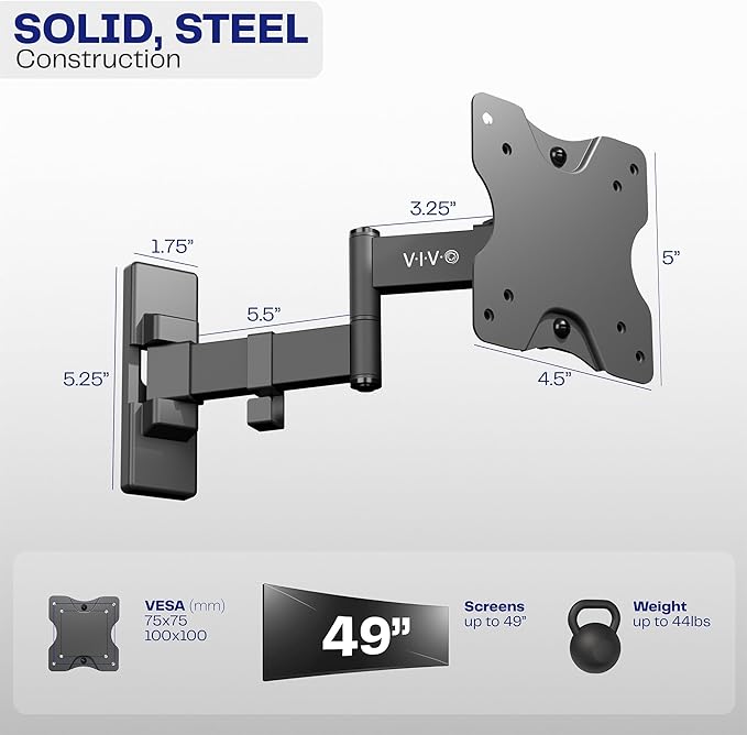 VIVO Full Motion Ultrawide Monitor Wall Mount, Fits Ultra-Wide Screens up to 49 inches and 44 lbs, Tilt and Swivel Arm, Black, MOUNT-VW01M
