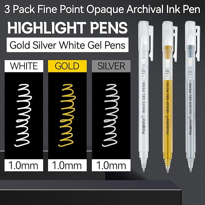 PANDAFLY Gold Silver White Gel Pens, 1mm Fine Point Opaque Archival Ink Pen for Journaling, Art, or Drawing - For Artist Gifts, Holiday Gifts & DIY Projects, 3 Pack