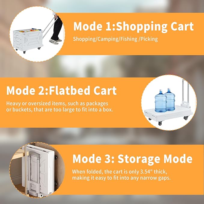 VECELO 23 GAL Modern Rolling Carts with Wheels, Foldable Utility Cart, Light Weight Platform Trucks Dolly, 4 Heavy Duty Wheels, Ideal for Shopping, Camping, Teachers, Pearl White