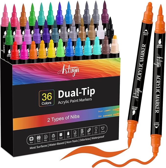 36 Colors Acrylic Paint Pens, Dual Tip Pens With Dot Brush Tip, Paint Markers for Rock Painting, Ceramic, Wood, Plastic, Calligraphy, Scrapbooking, Card Making, DIY Crafts-Valentines Day Gifts