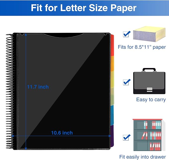 12 Pocket Project Organizer, Forvencer 1/6-cut Tab Binder Organizer with Sticky Labels, Multi Pocket Folder with Zipper Pouch, Folder Binder Spiral Pocket Notebook, Office Supplies, Letter Size, Black