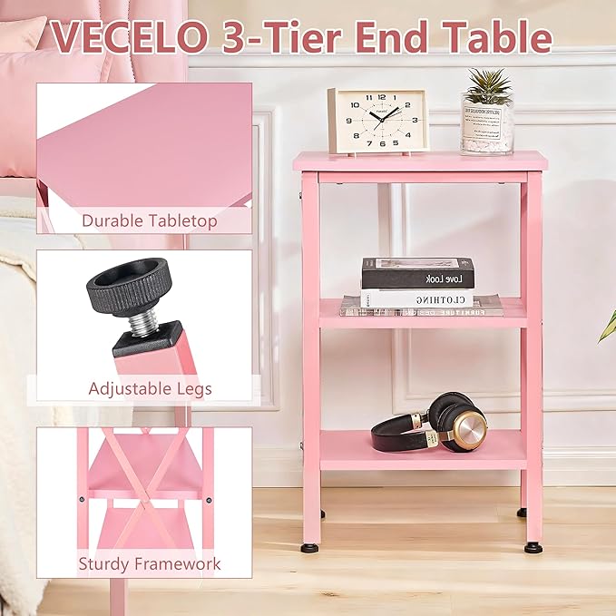 VECELO End Table Set of 2, Bedside Table, 24" Tall Living Room End Tables, X-Design Reinforced Nightstands, Side Table with 3-Tier Storage Shelves for Small Spaces, Office, Bedroom, Pink
