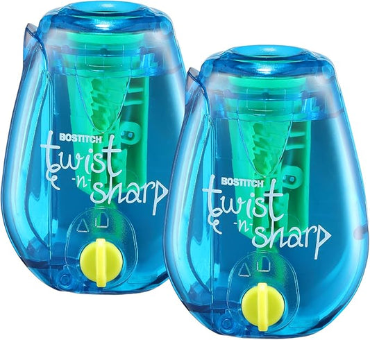 Bostitch Office Twist-n-Sharp Pencil Sharpener, for Kids & Colored Pencils, Assorted Colors (PS1-BLUE-2PK)