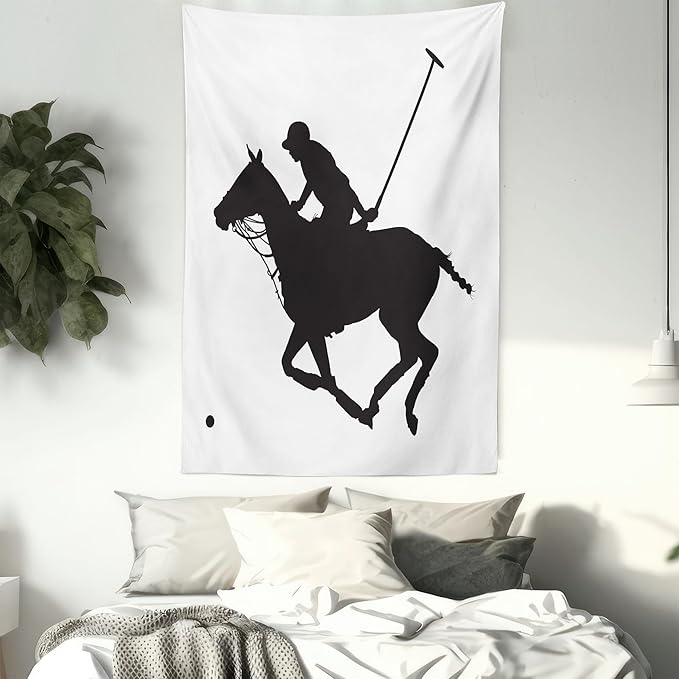 Ambesonne Sports Tapestry Twin Size, Silhouette Illustration of Polo Player on a Horse Hitting a Ball Print, Wall Hanging Bedspread Bed Cover Wall Decor, Twin Size, Charcoal Grey