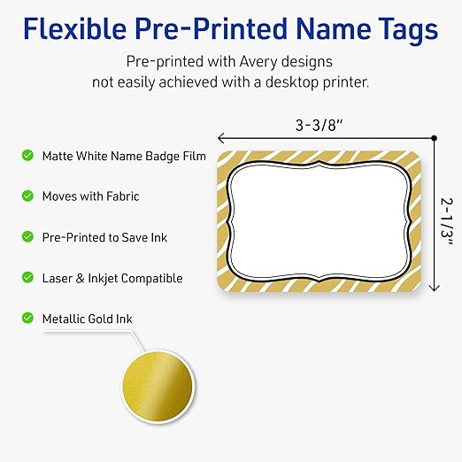 Avery Printable Adhesive Name Badges, 2-1/3" x 3-3/8", Pre-Printed Metallic Gold Zebra Pattern Design, Matte White, Laser & Inkjet Compatible, 80 Total