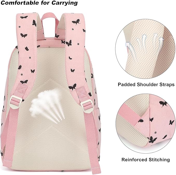 Corduroy Girls Backpack Set, 3PCS School Backpacks for Kids Elementary Middle School Bags with Lunch Box Pencil Case (Pink Corduroy Butterfly)