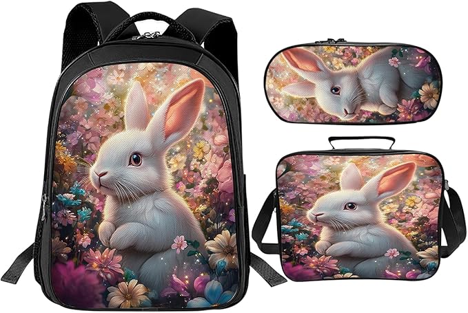 Rabbit Flower Backpack Set 3 Piece School Bags and Lunch Box with Pencil Case Rabbit Floral Animal Bookbag Set For Toddler Kids Girls Boys Teens Kindergarten Elementary Middle