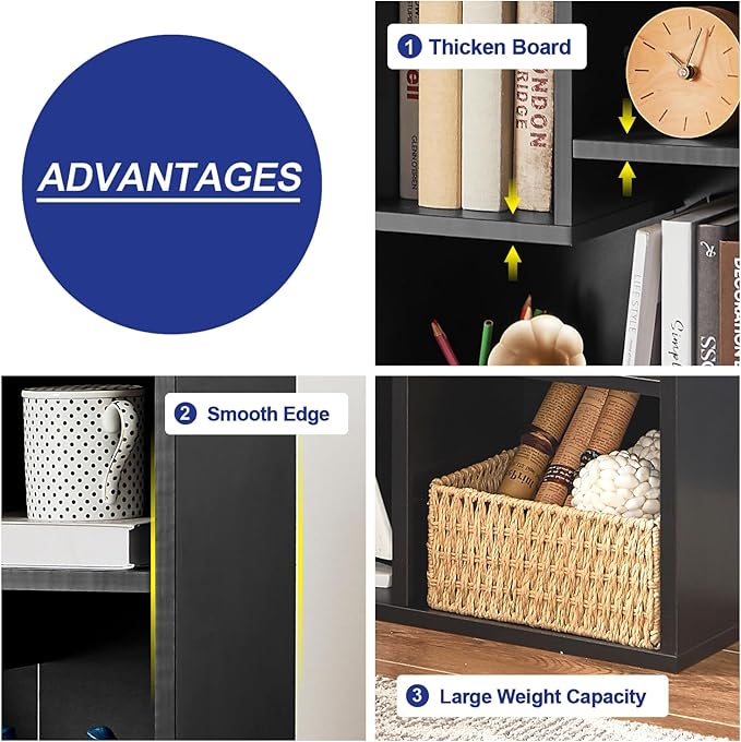 VECELO Small Bookshelf, 4 Cube Slim Bookcase, Fits Tallest Hardcovers, Horizontal Available, Modern Floor Standing Unit, Each Shelf Hold Up to 66 LBS,Black