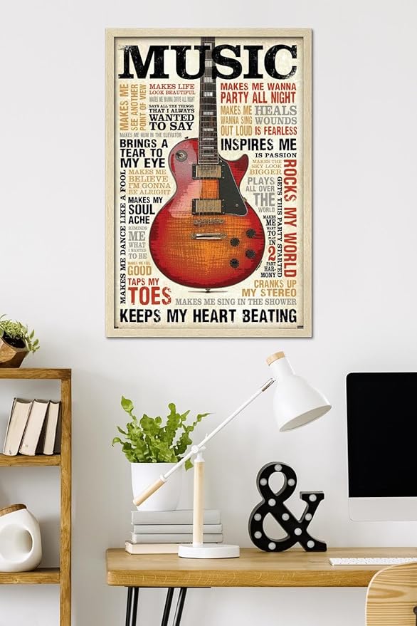 Music Inspires Me Wall Poster, 34L" x 22.4W", Blonde Framed Version