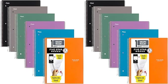 Five Star Spiral Notebook + Study App,1 Subject,Graph Ruled Paper,8-1/2" x 11",100 Sheets,Fights Ink Bleed,Water Resistant Cover,Assorted Colors (73549),6 Count (Pack of 2)