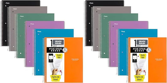 Five Star Spiral Notebook + Study App,1 Subject,Graph Ruled Paper,8-1/2" x 11",100 Sheets,Fights Ink Bleed,Water Resistant Cover,Assorted Colors (73549),6 Count (Pack of 2)