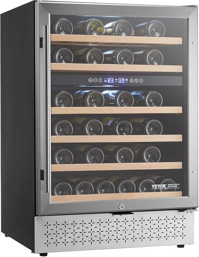 VEVOR Wine Cooler, 46 Bottle Dual Zone Wine Fridge, Built-in & Freestanding Fridge with Glass Door, Adjustable Shelves, Digital Temperature Control, Wine Cooler Refrigerator for Home, Office, Bar