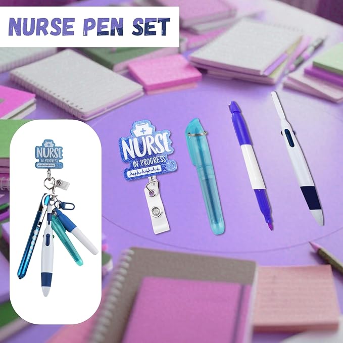 Student Nurse Pen Set Badge Reel Holder Accessories Clip, Retractable Mini Nursing Pen & Light Tool Set， Highlighter pens（Blue） and Highlighter pens