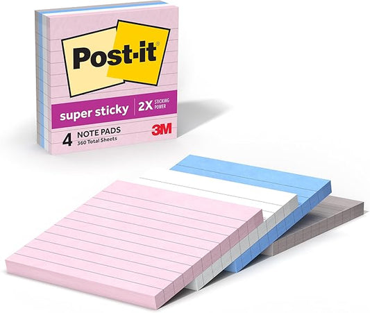 Post-it Super Sticky Notes, 4 Lined Sticky Note Pads, 4 x 4 in., School Supplies, Office Products, Sticky Notes for Vertical Surfaces, Monitors, Walls and Windows, Simply Serene Collection