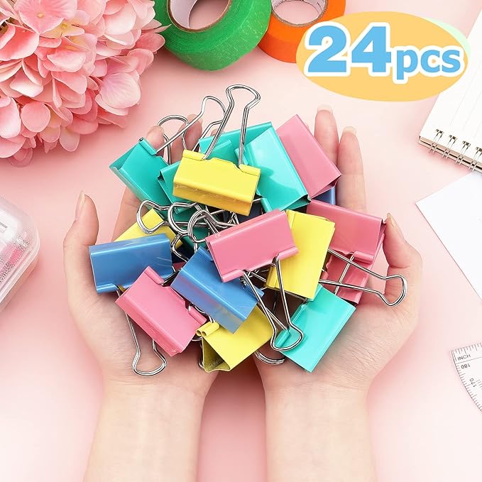 ZZTX Large Binder Clips Paper Clamps Clips Assorted Color, 1.6 Inches, 24 Pieces