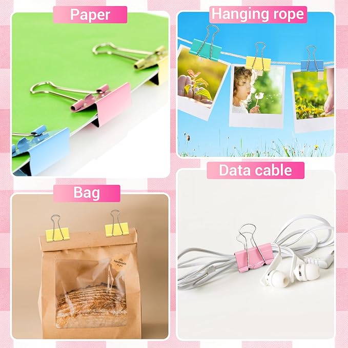 110PCS Colored Binder Clips Assorted Sizes,4 Sizes Large Medium Small Mini Paper Clamps Set, Cute Office Paper Clips for Home School Office Supplies Organizing(Blue, Pink, Yellow, Green)