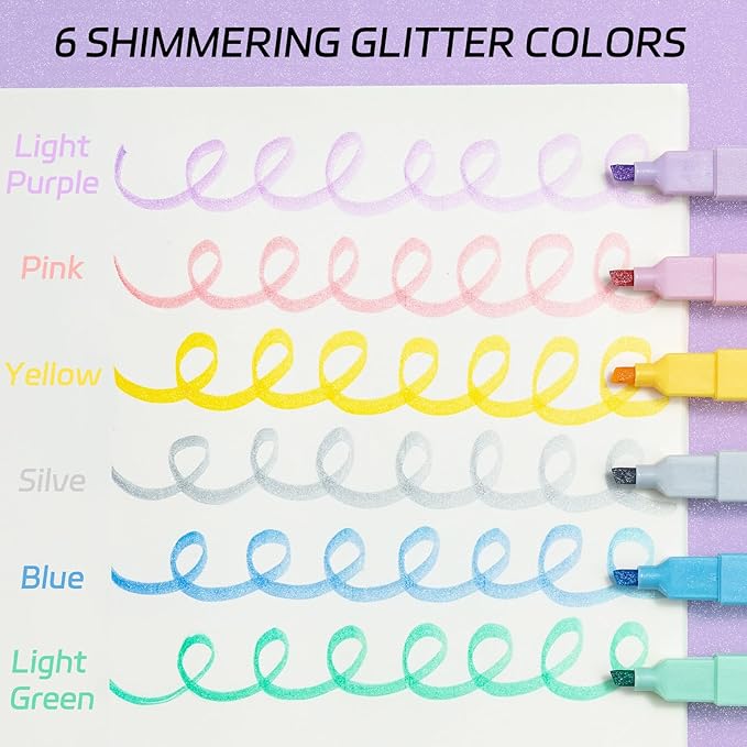 M&G HI-CUBE Glitter Highlighters, 6 Pack Gentle Colors with Glitter Ink, No Bleed Soft Chisel Tip for Bible Study, Cute Aesthetic Highlighters for Journaling, Planners & Notes