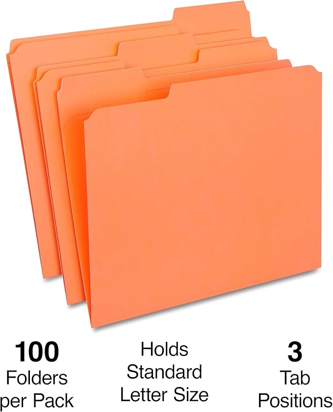 Staples Reinforced Colored File Folders, Letter Size, 3‑Tab Design, Orange, Heavy‑Duty Construction, 100/Box