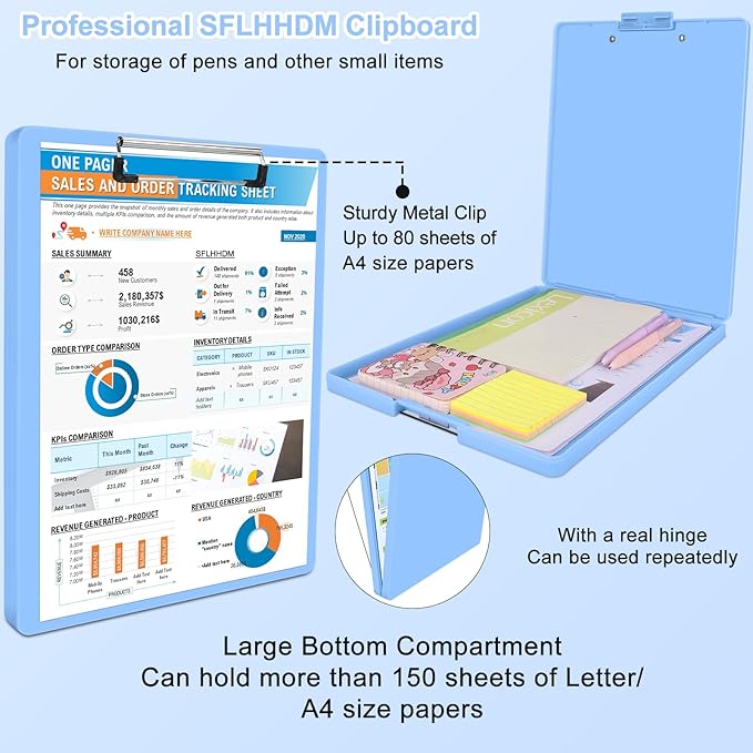 SFLHHDM Clipboard with Storage,Heavy Duty Clip Boards 8.5x11 with 2 Storage Case,Clear Visible Panel Storage Clipboards,Side Opening Nursing Clipboard Folder for Office Supplies-Lake Blue
