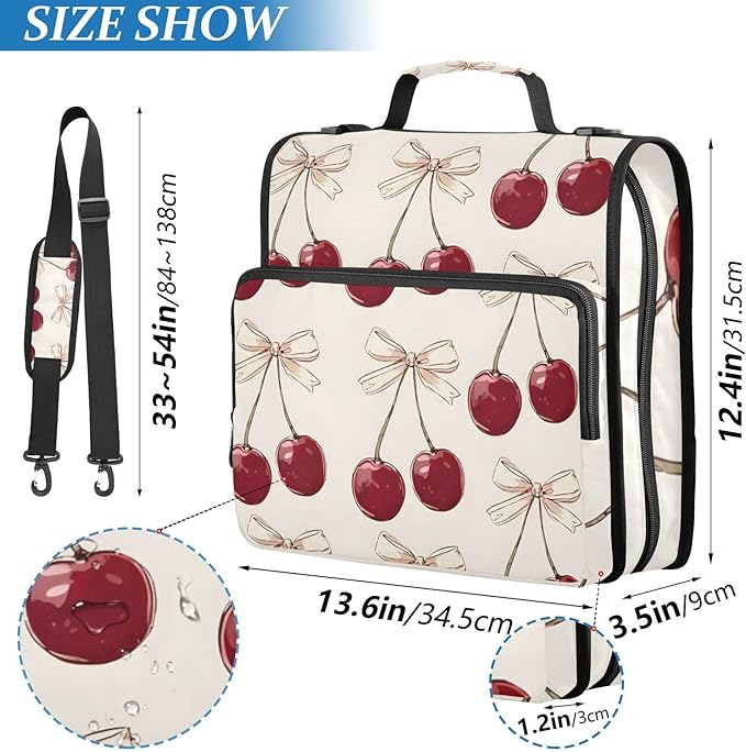 Cherry Pink Bow Cherries Zipper Binder Bag 3 Ring Binder with Shoulder Strap Zip Up 500 Sheets Capacity Multi Pockets for School Office Supplies