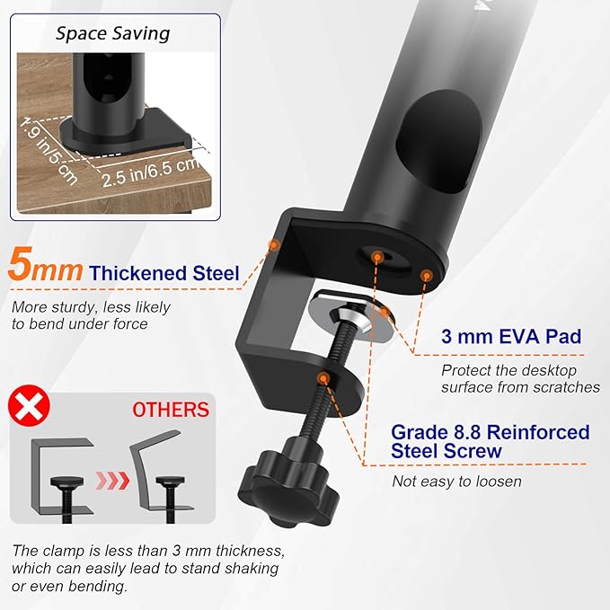 Pair of Studio Monitor Stands Desk Clamp Speaker Stands 0-12°Tilt Height Adjustable with Cable Management