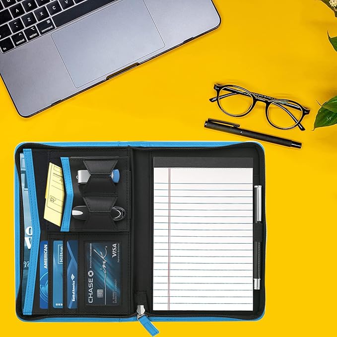 Small Portfolio Organizer, A5 Zippered Business Portfolio, Junior Padfolio Folder Binder for Women & Men, 5 x 8 Writing Pad Included, Blue