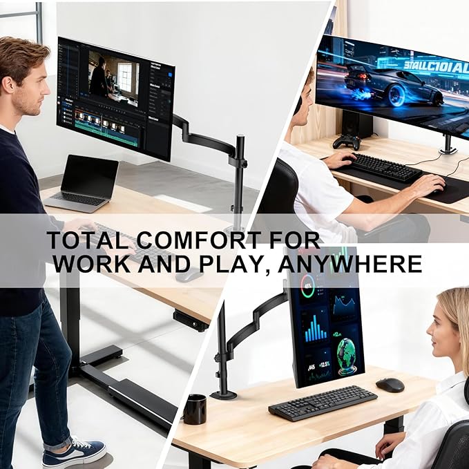 WALI Single Long Monitor Arm - up to 32 inch Computer Monitor Arm Desk Mount, Hold up to 19.8lbs, Extra Long Adjustable Stand, Full Motion Tall Arm, VESA 75/100mm, (GSDM001L)