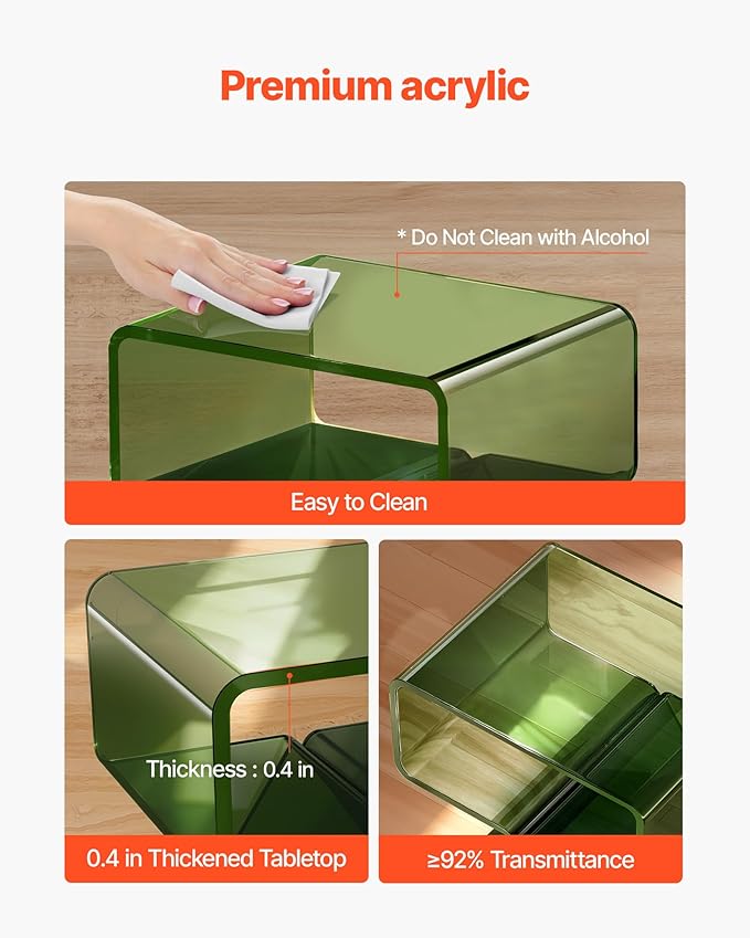 VEVOR Acrylic Nightstand Side Table, Modern Clear End Table with Storage Shelf, Transparent Small Bedside Table for Bedroom, Home Decor, Living Room, No Assembly Needed, Green