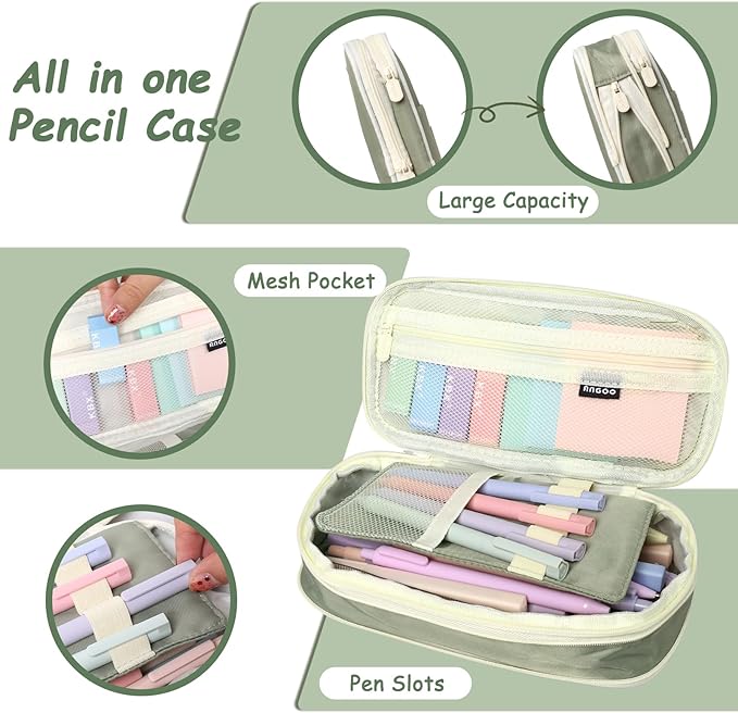 72 PCS Pencil Case with Supplies, Aesthetic School Supplies, 12 Highlighters, Colored & Black Ink Gel Pens, 6 Mechanical Pencils Set, Essentials Stationary Set, Green