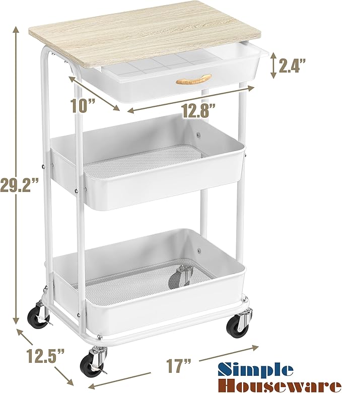 Simple Houseware 3-Tier Rolling Utility Cart with Drawer & Wood Tabletop - Mobile Sofa Side Table, Nightstand, Slim Storage Organizer Trolley for Bedroom, Bathroom, Office & Art Supplies, Maple