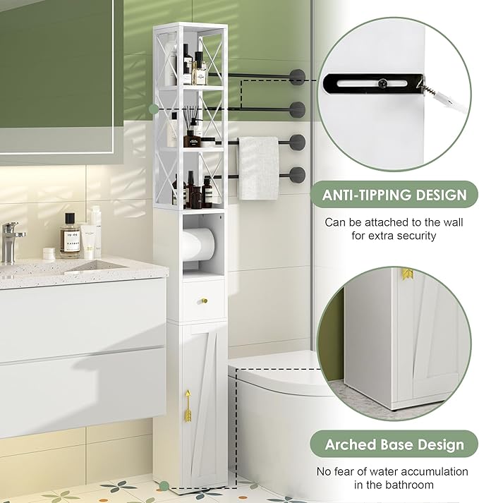 VECELO Tall Narrow Storage Cabinet with X-Frame Metal Design, Slim Freestanding Bathroom Cabinet with Toilet Paper Holder, Magnetic Door & Drawer, for Small Spaces, 7.9" D x 7.9" W x 67" H, White