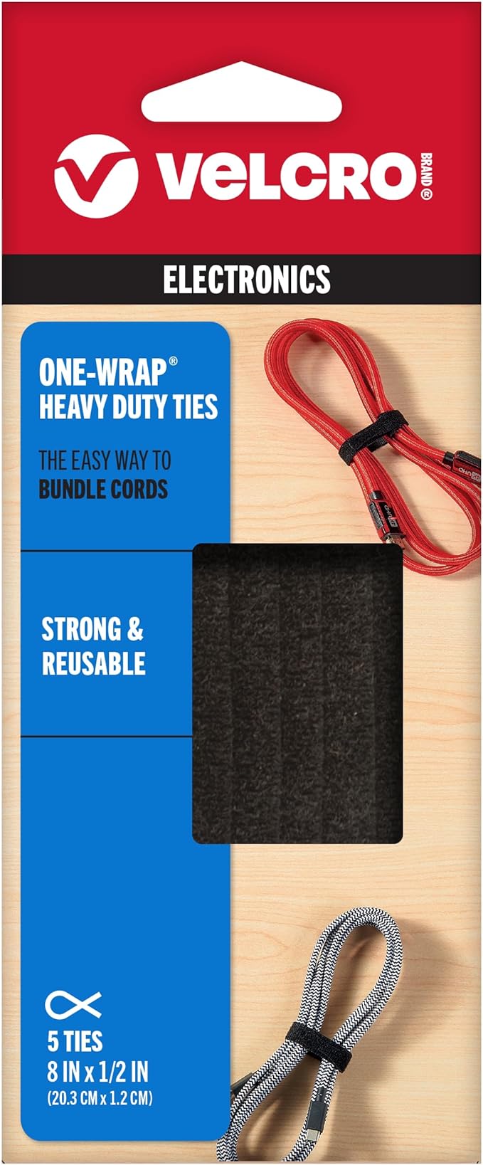 VELCRO Brand ONE-WRAP Bundling Strap – Reusable Fasteners for Keeping Cords and Cables Tidy - 8" x 1/2", 5 Ties, Black