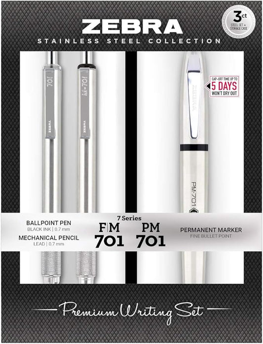 Zebra Pen Premium Steel Writing Set, PM-701 Permanent Marker, F-701 Ballpoint Pen, M-701 Mechanical Pencil, Ideal for Tactical Use, Great for Gift Giving, 3-Pack (11213)