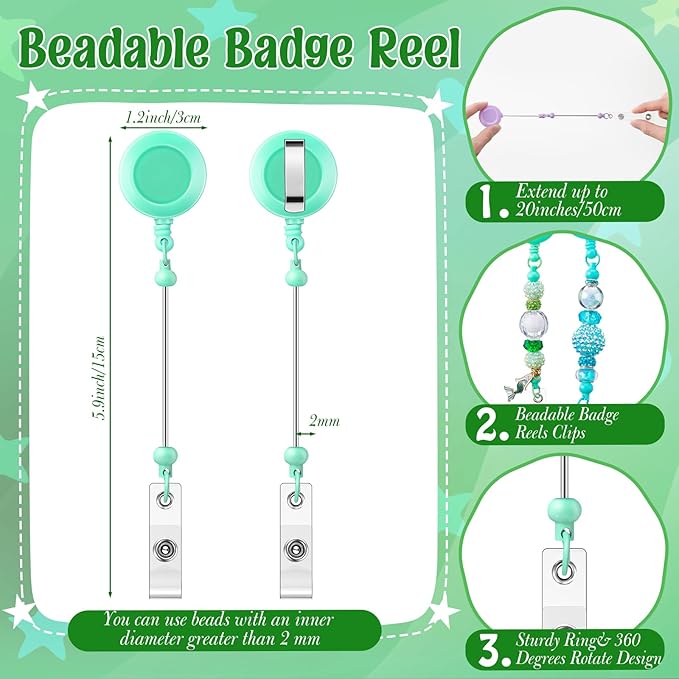 24 Pcs DIY Beadable Kit Include 12 Beadable Ballpoint Pen Black Ink 12 Bead DIY Badge Reel Retractable ID Name with Belt Clip Holder for Nurse Teacher Making Gift Office School Supplies