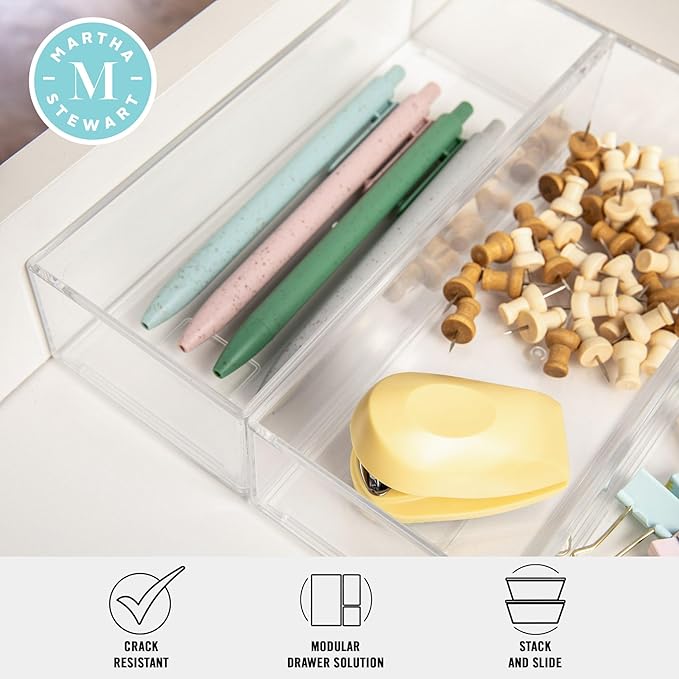 Martha Stewart Brody Desktop Storage Organizer, Stack and Slide Plastic Organizer Tray, Organizer for Office, Kitchen, or Vanity, 3" x 7.5", Clear