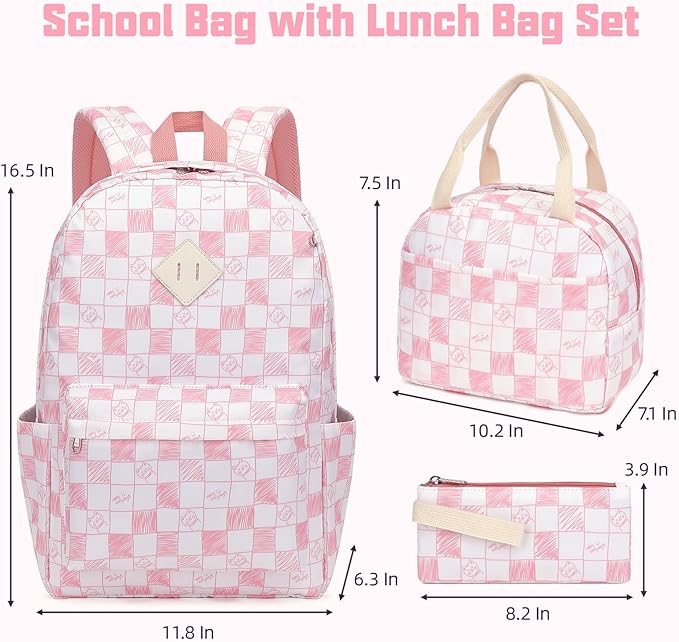 School Backpack for Girls, 3PCS Bookbags Set with Lunch Box Pencil Pouch Elementary Middle School Bag Laptop Back Packs (Cat Checkered Pink)