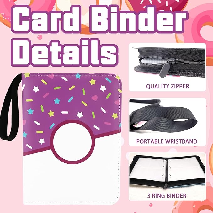 4 Pocket Card Binder 400 Card Holder Album, Pink Donut Trading Cards Holder Zipper Binder for Girl Teen Collection (Purple Donut, 400 Pocket)