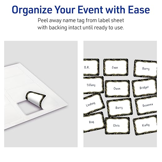 Avery Printable Adhesive Name Badges, 2-1/3" x 3-3/8", Pre-Printed Black Border with Metallic Gold Specs Design, Matte White, Laser & Inkjet Compatible, 80 Total