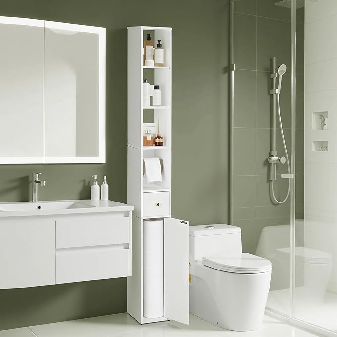 VECELO Narrow Bathroom Storage Cabinet with 3 Adjustable Shelves, 67" Tall Freestanding Cabinet with Toilet Paper Holder, Slim Tower Cabinet with Magnetic Door & Drawer, for Small Spaces, White