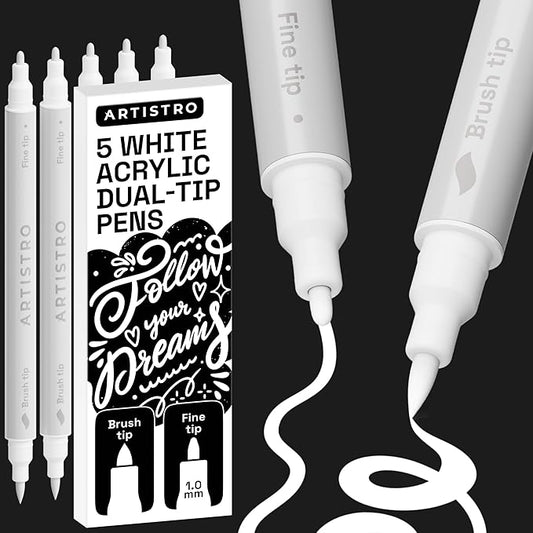 ARTISTRO 5 White Acrylic Paint Markers - Paint Pens for Calligraphy, Brush + Fine Tips - For Fabric, Rock, Glass, Wood, DIY, Craft, Canvas - Art and Craft Supplies for Adults, Teens, Kids
