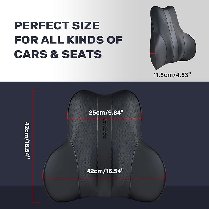 Coverado Lumbar Support Pillow for Car, Ergonomic Memory Foam Back Pillow for Office Chair, Back Cushion for Back Pain Relief, PU Leather Car Lumbar Support for Driving Seat - Black
