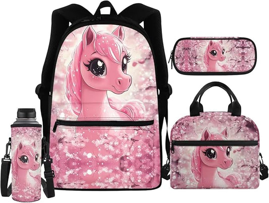 Cherry Blossom Horse Backpack for Kids Girls School Bag Set with Lunchbox Pencil Case Water Bottle Sleeve Elementary Kindergarten Preschool Bookbag Travel Daypack